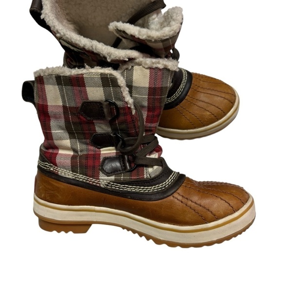 Sorel Tivoli Plaid Winter Boots Womens Size 5 Brown Leather Waterproof - Picture 5 of 9